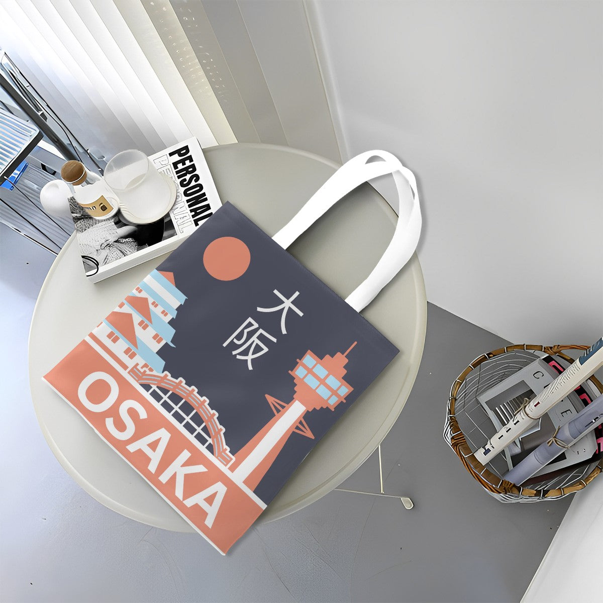 Tote bag with Osaka design on a round table