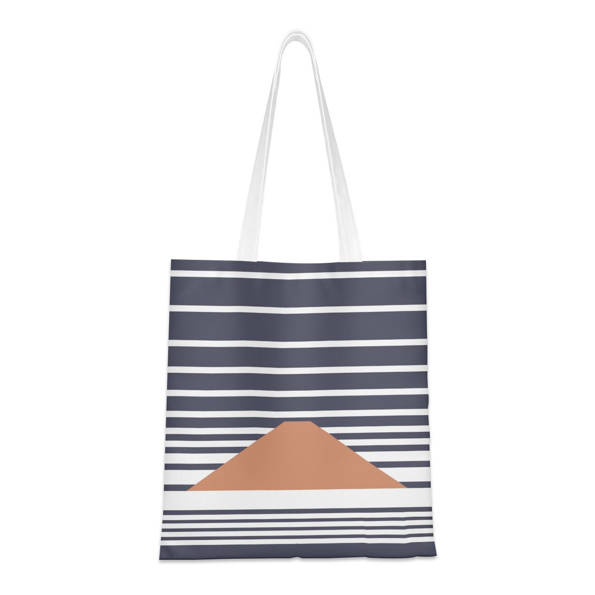 Tote bag with blue and white stripes and a brown patch on a white background