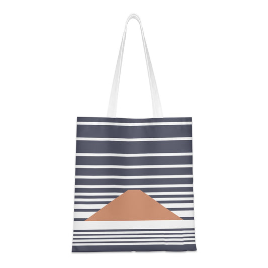 Tote bag with blue and white stripes and a brown patch on a white background