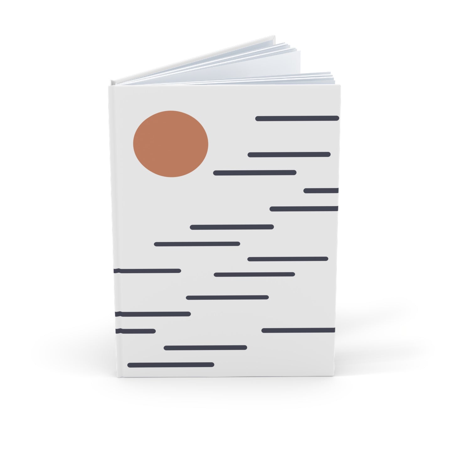 Notebook with a brown circle and black line pattern on a white background