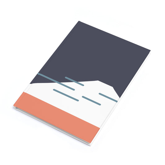 Notebook with a minimalist design featuring a dark blue, white, and orange color scheme on a white background.