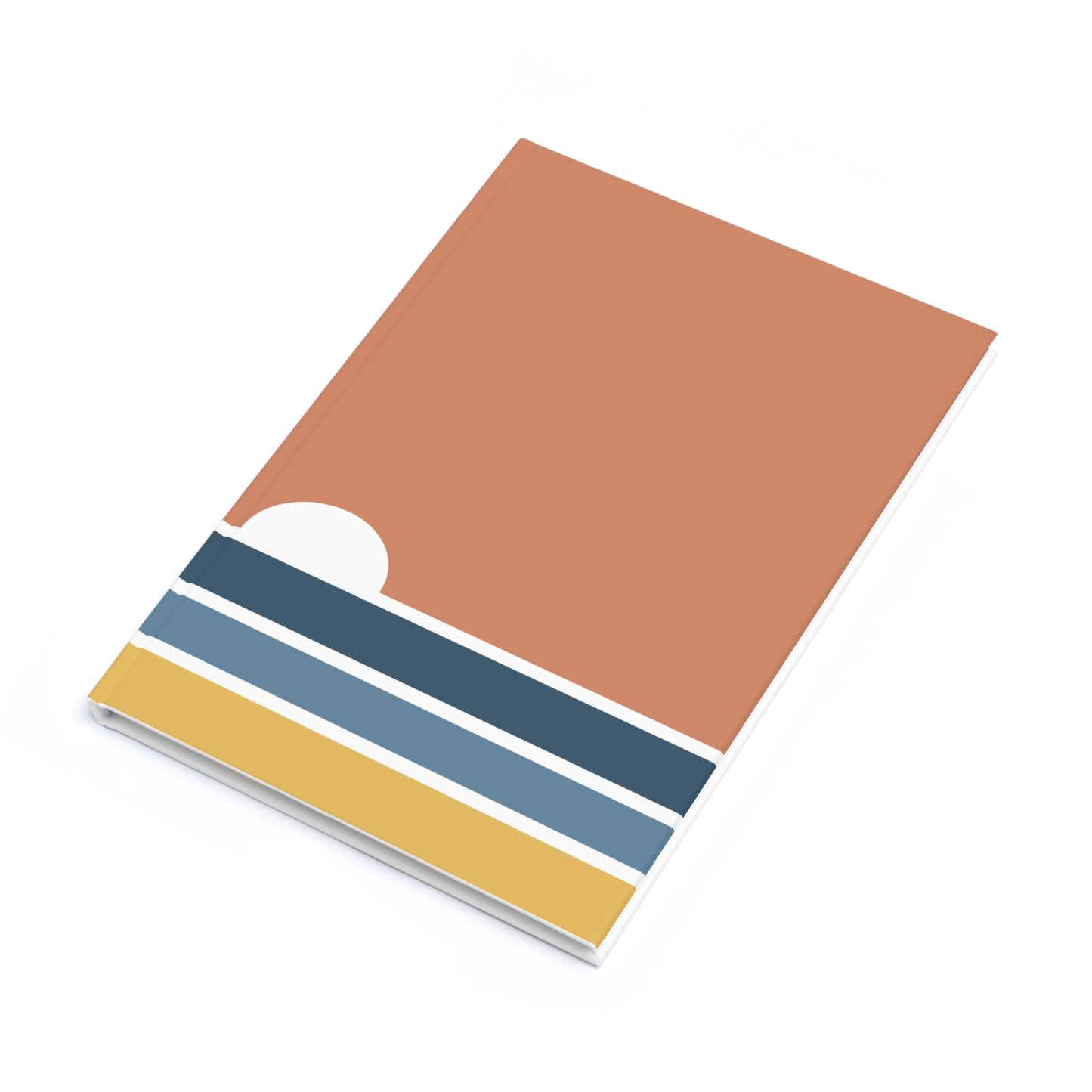 Notebook with a brown cover and blue and yellow striped spine on a white background