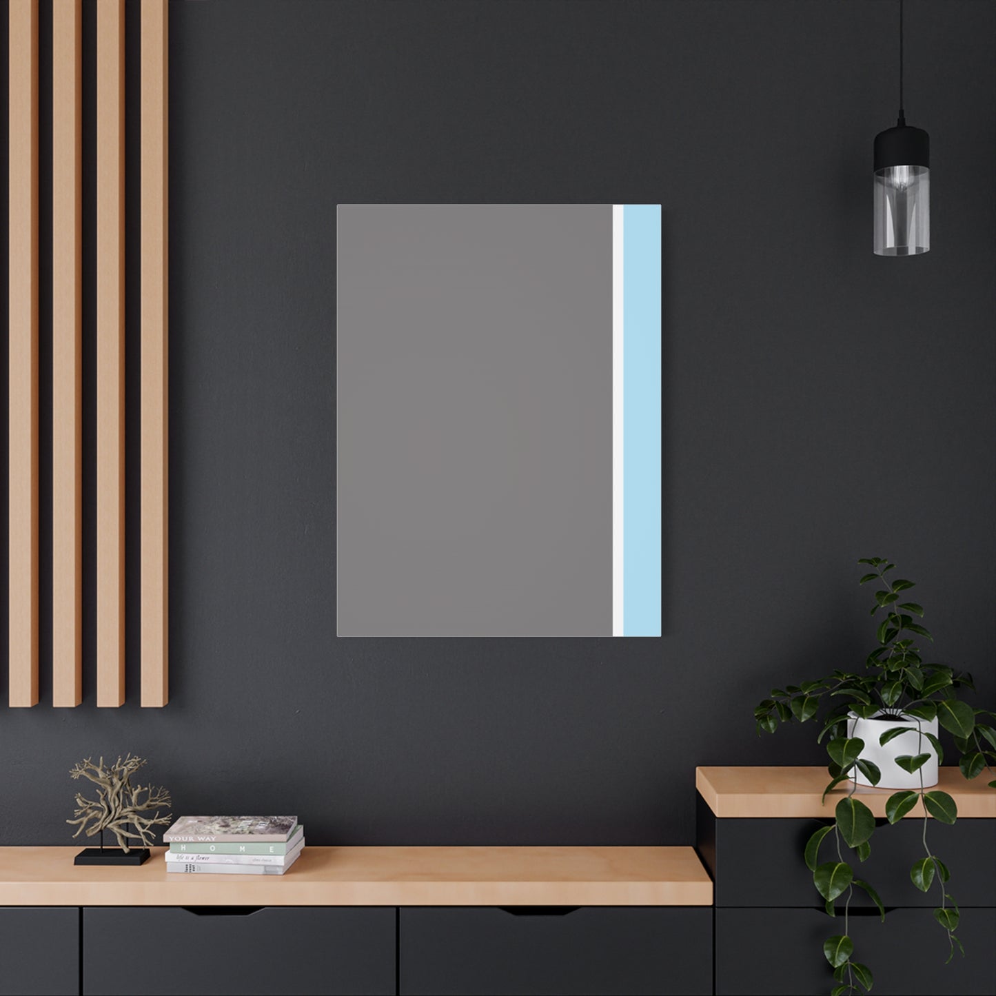 Modern interior with a mirror on a dark wall, wooden shelves, and decorative items.