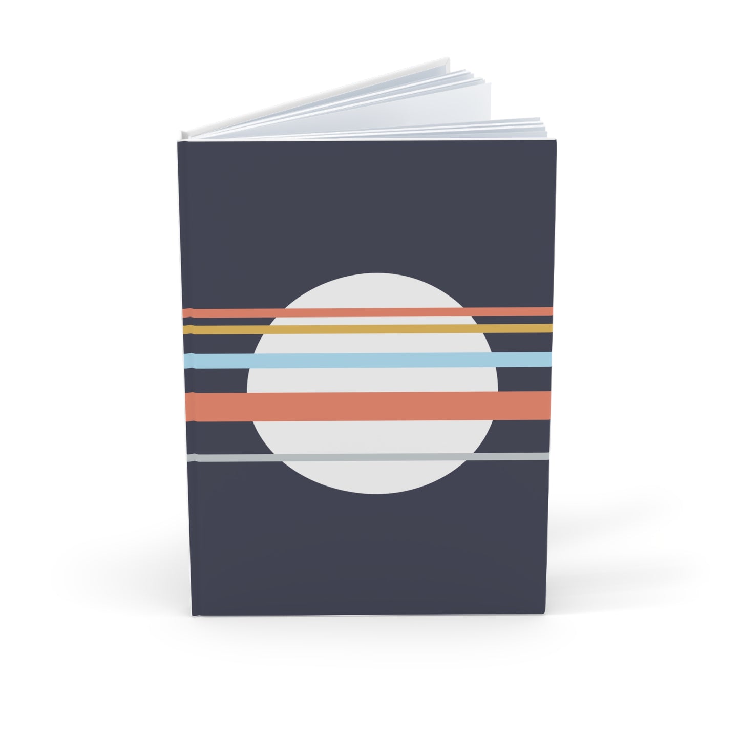 Notebook with a circular design featuring horizontal stripes on a dark blue background