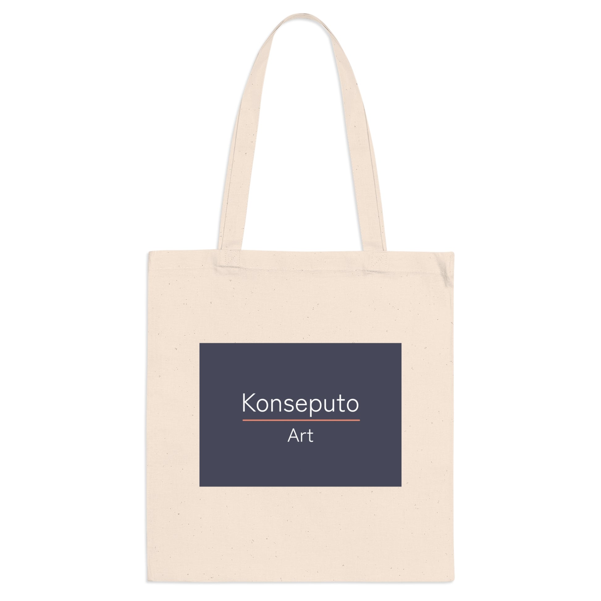 Beige tote bag with a dark blue square featuring 'Konseputo Art' text on a white background