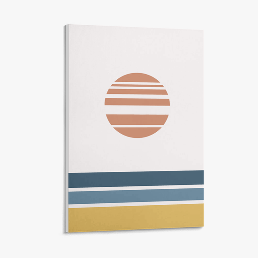 Canvas print with a minimalist design featuring a brown circle and horizontal stripes in blue, white, and yellow on a white background.