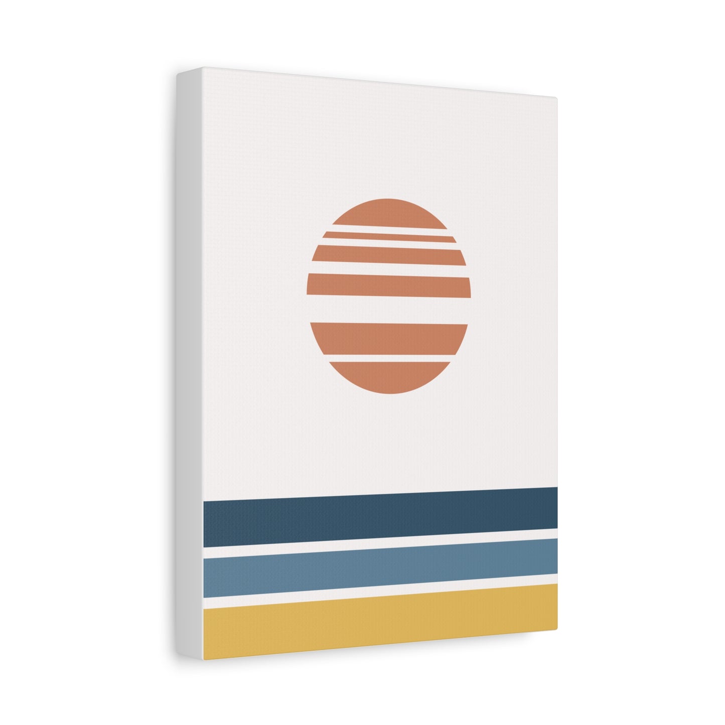 Canvas print with a stylized sun design featuring horizontal stripes in brown, blue, and yellow on a white background.