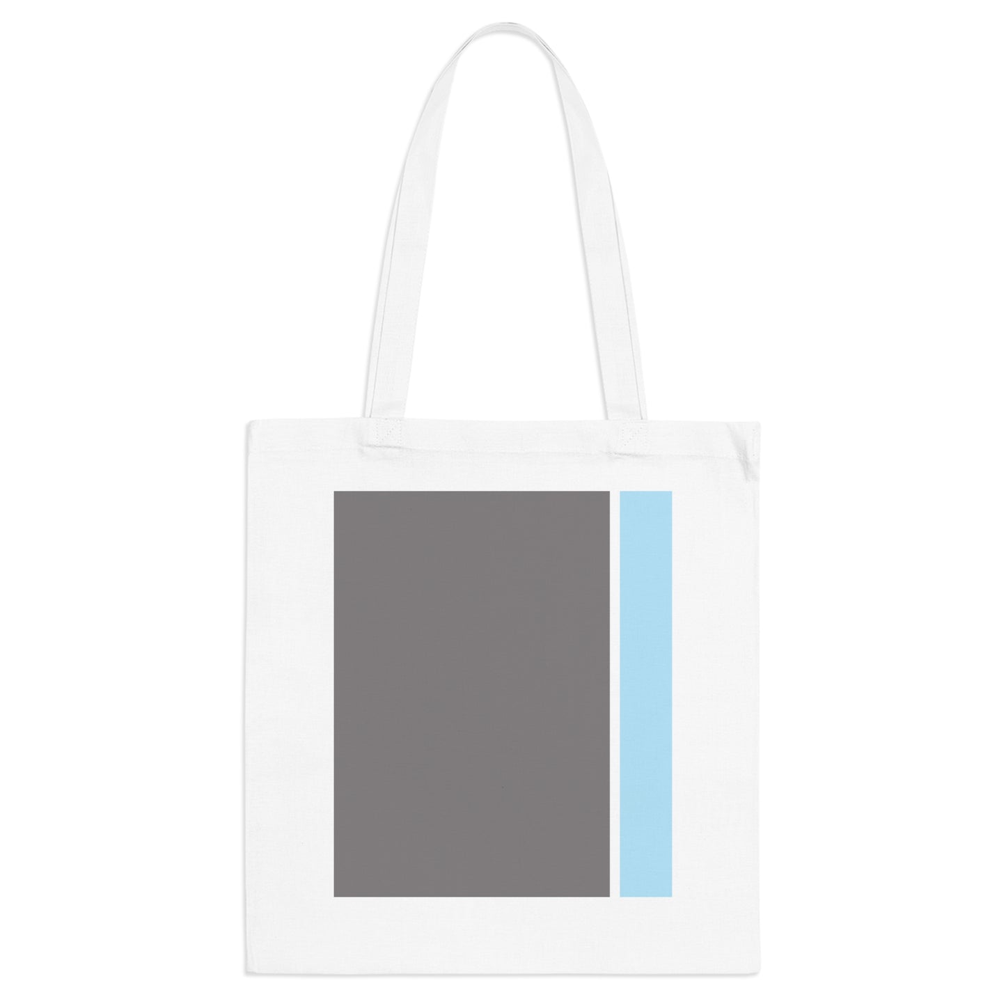 White tote bag with a gray square and blue stripe on a white background
