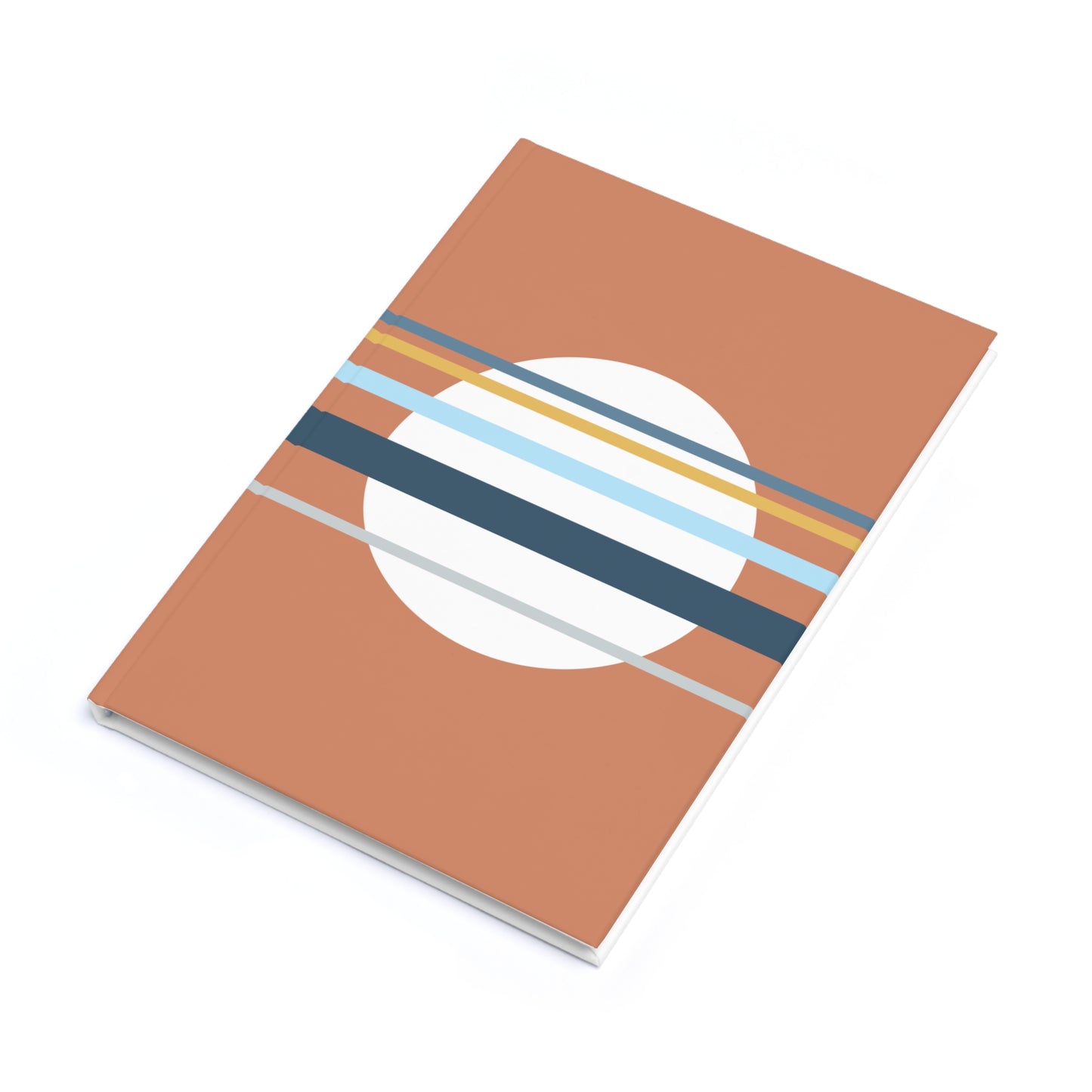 Notebook with a circular design and colored stripes on a white background