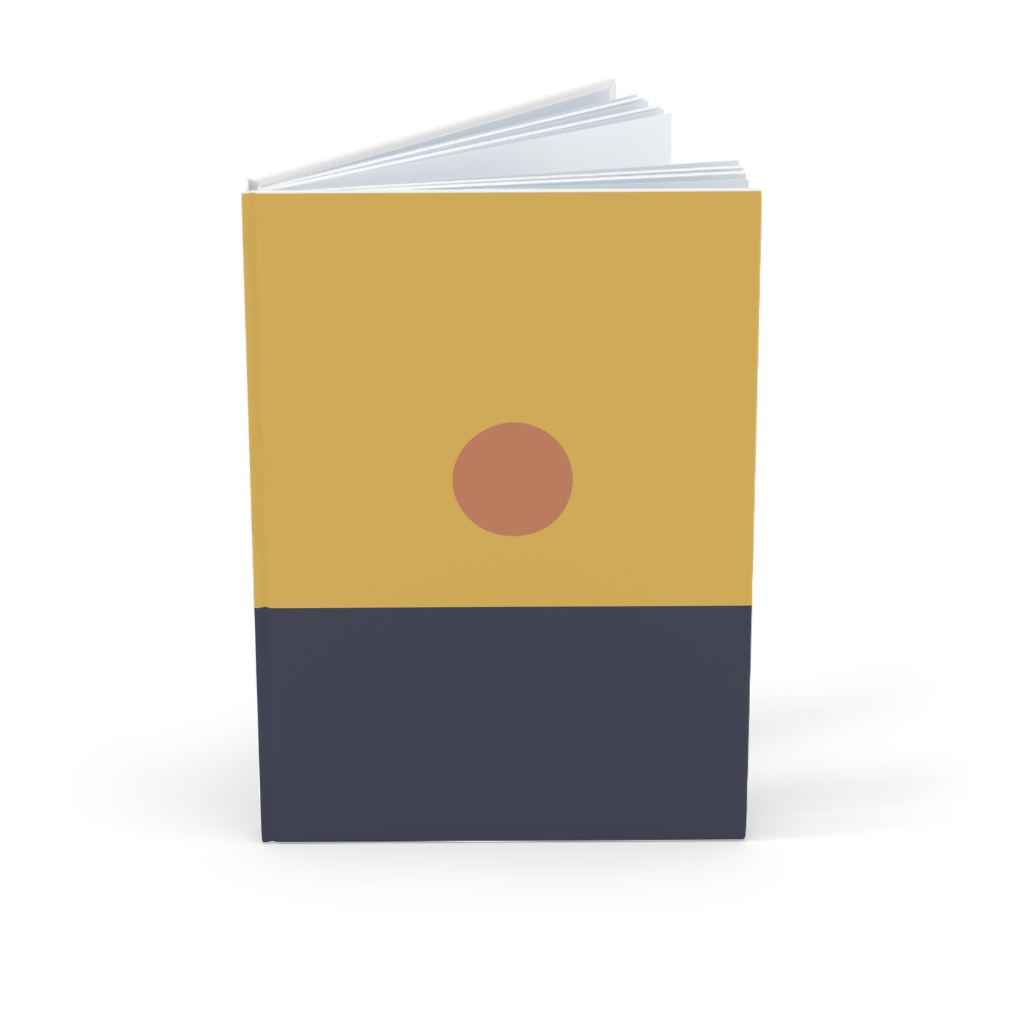 Notebook with a yellow top half and navy bottom half, featuring a red circle on a white background.