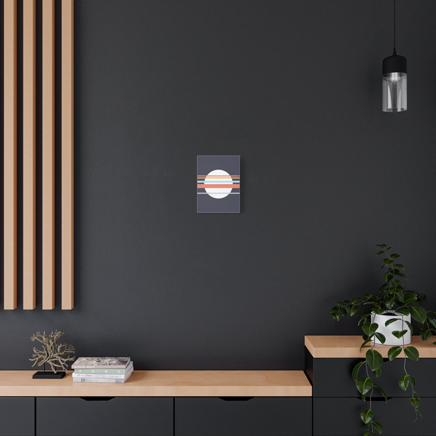 Modern interior with a dark wall, wooden shelves, and a decorative painting.