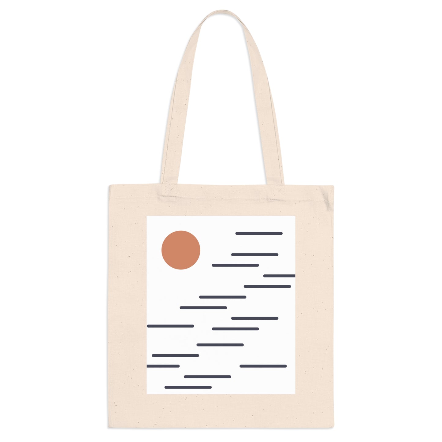 Beige tote bag with a minimalist design featuring a brown circle and black lines on a white background.