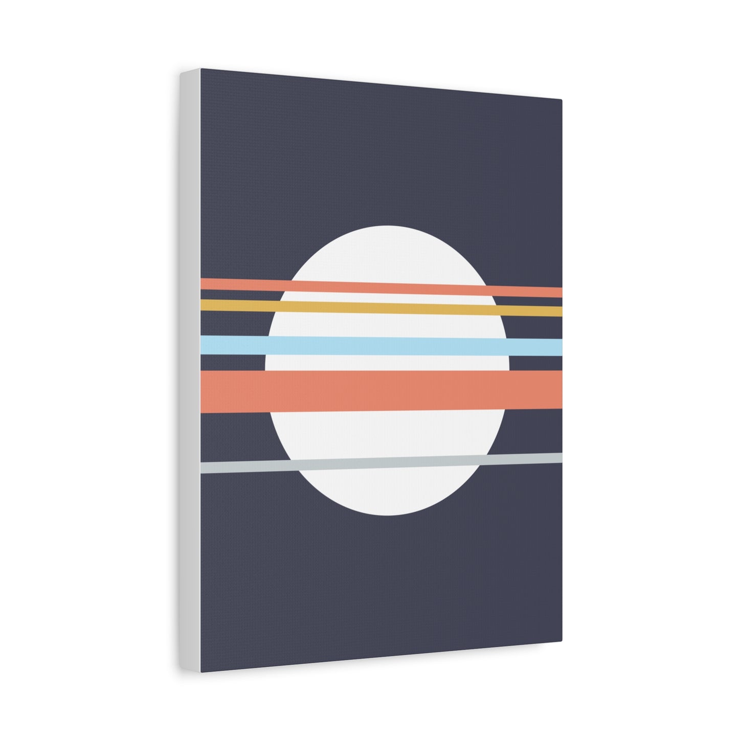 Canvas print with a circular design featuring horizontal stripes on a dark blue background