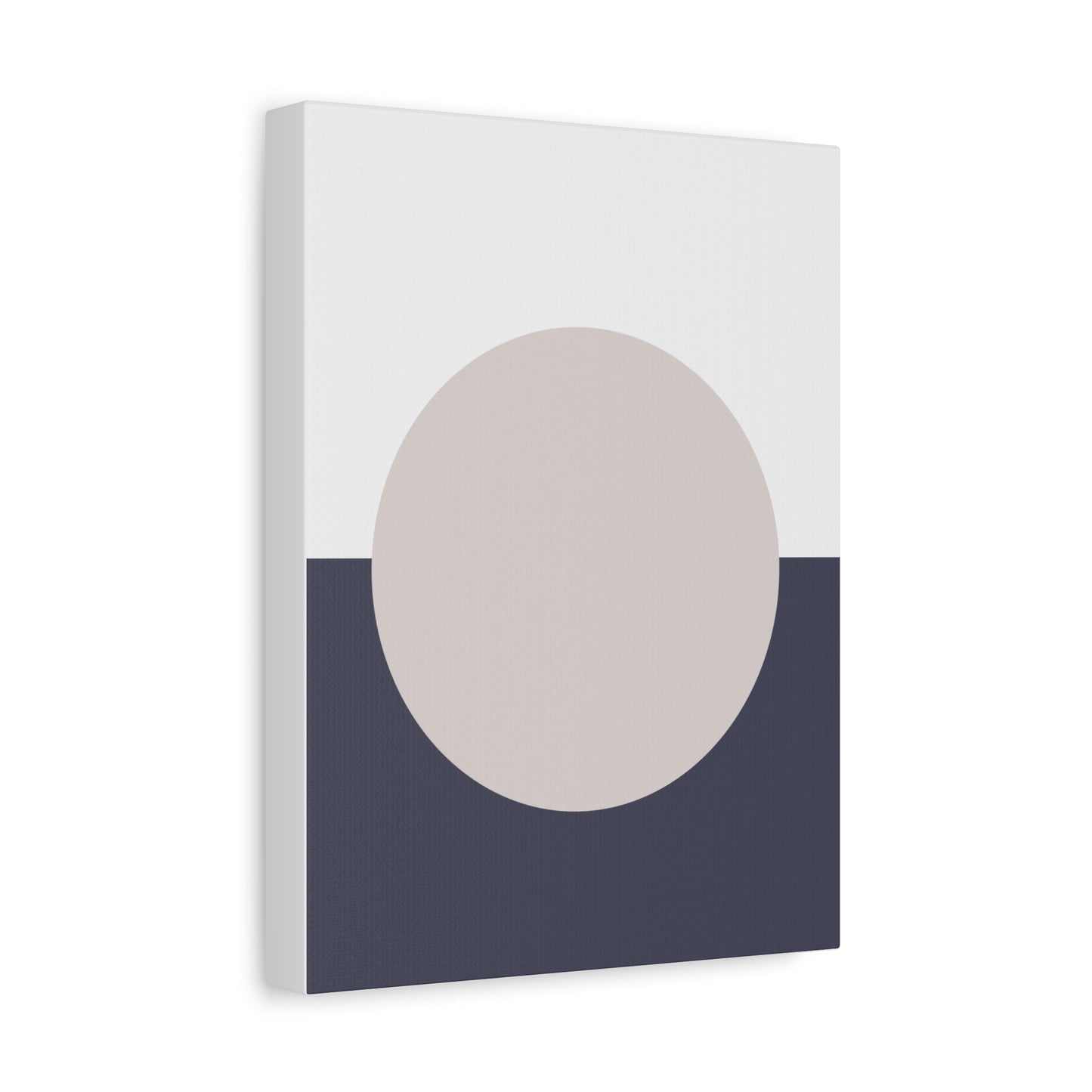 Canvas print with a minimalist design featuring a beige circle on a navy blue background.