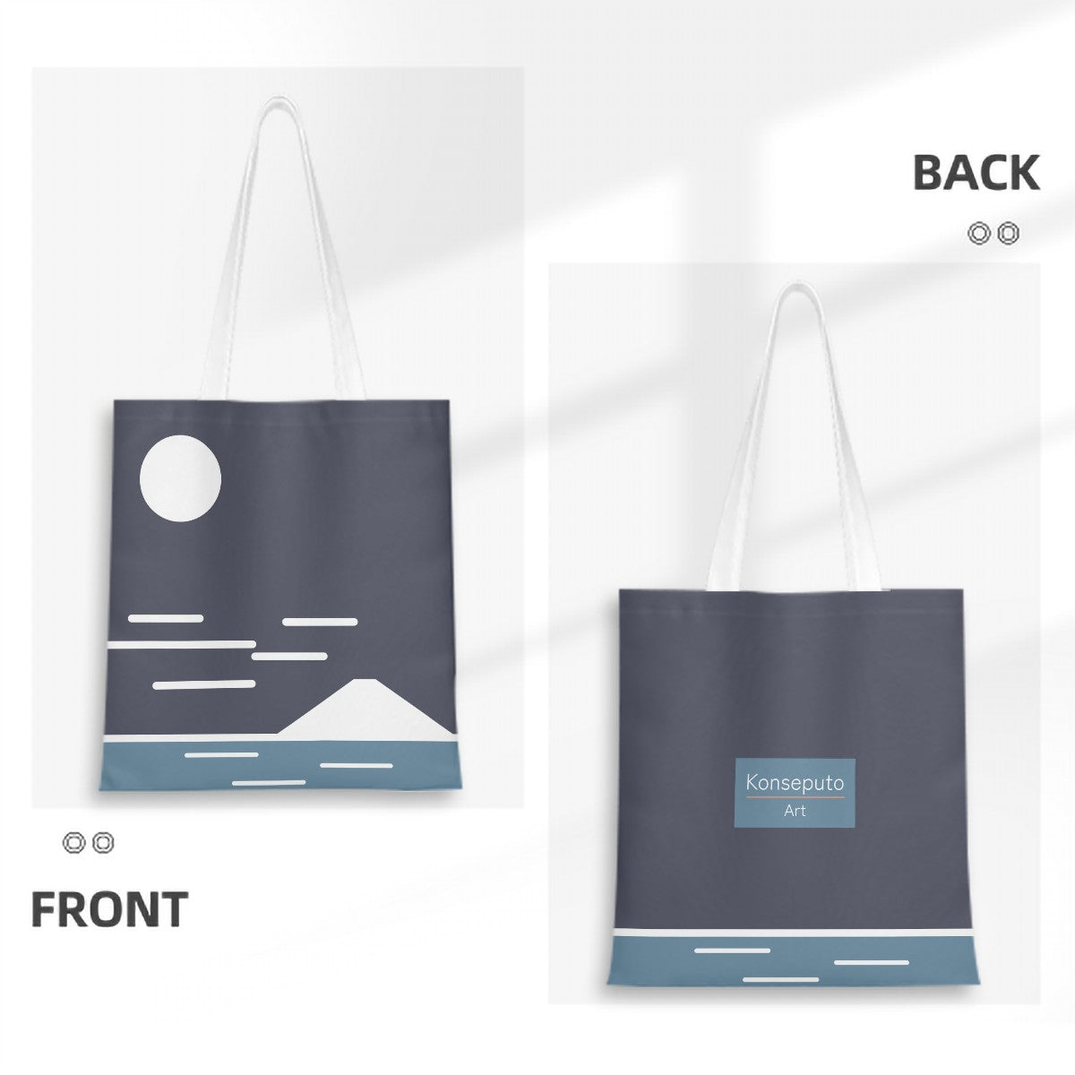 Tote bag with front and back designs on a white background