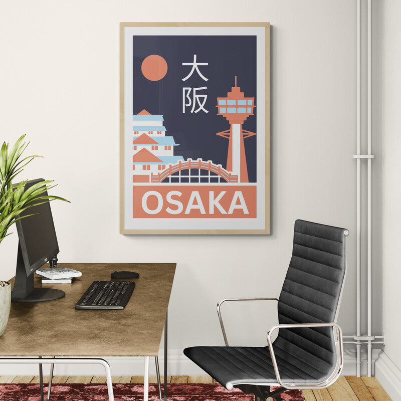 Decorative poster of Osaka on a wall above a desk with office furniture.