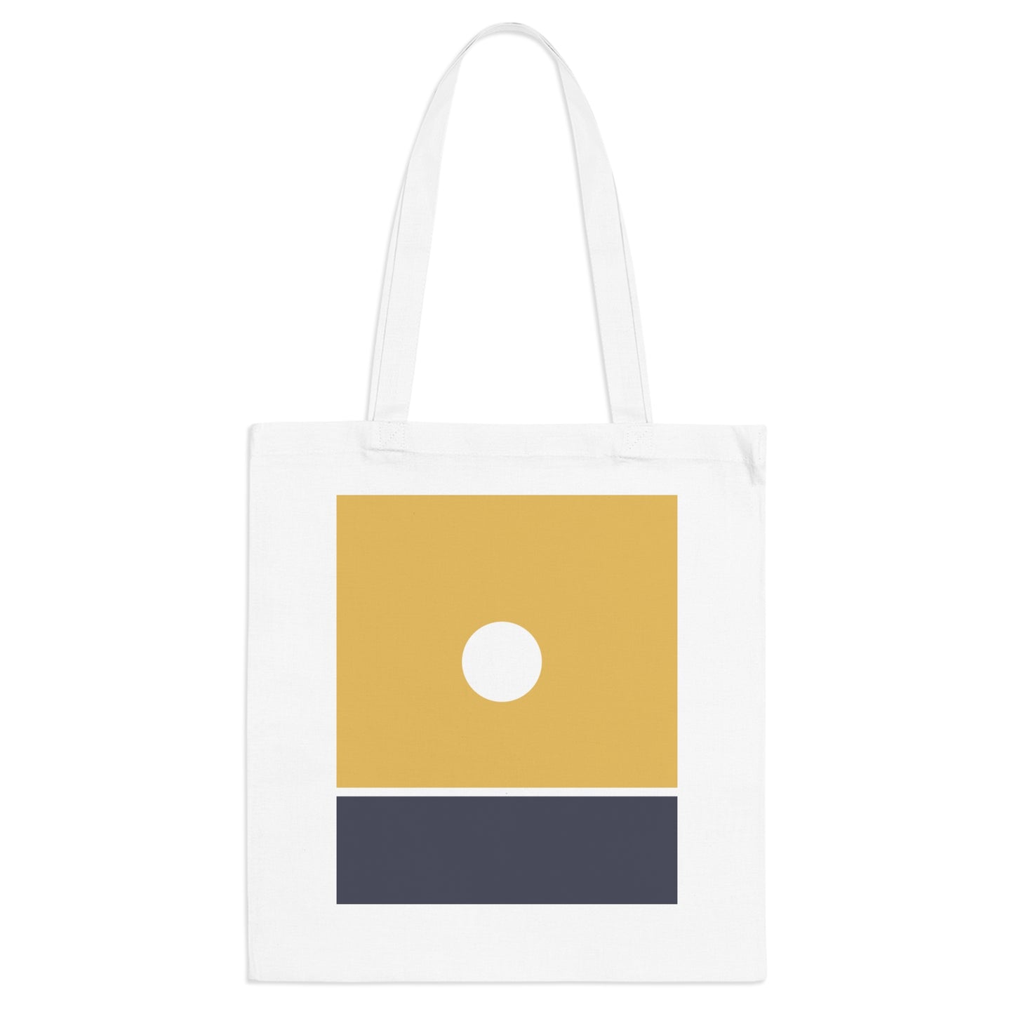 White tote bag with a mustard yellow and navy blue design on a white background