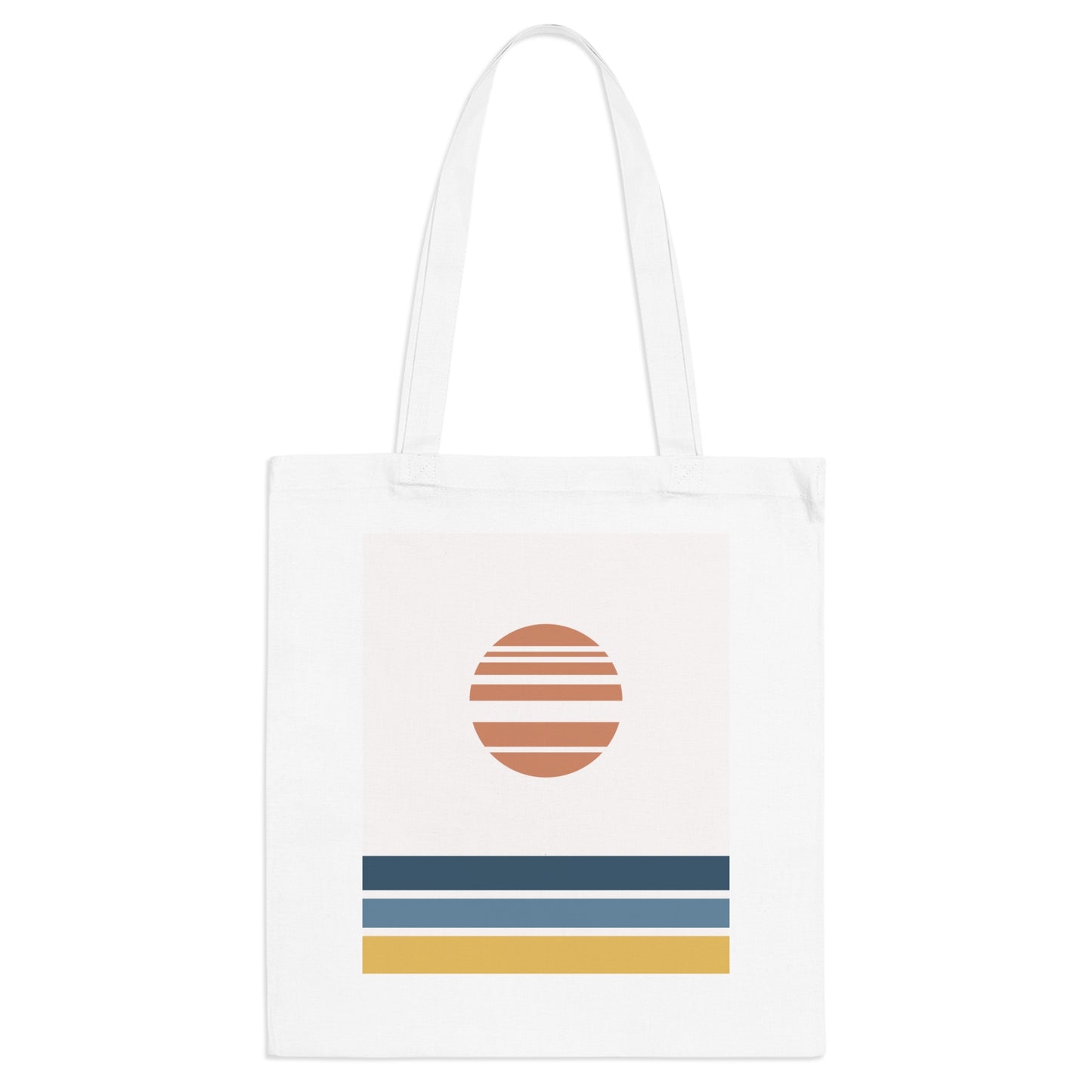 White tote bag with a colorful design featuring a sun and horizontal stripes on a white background