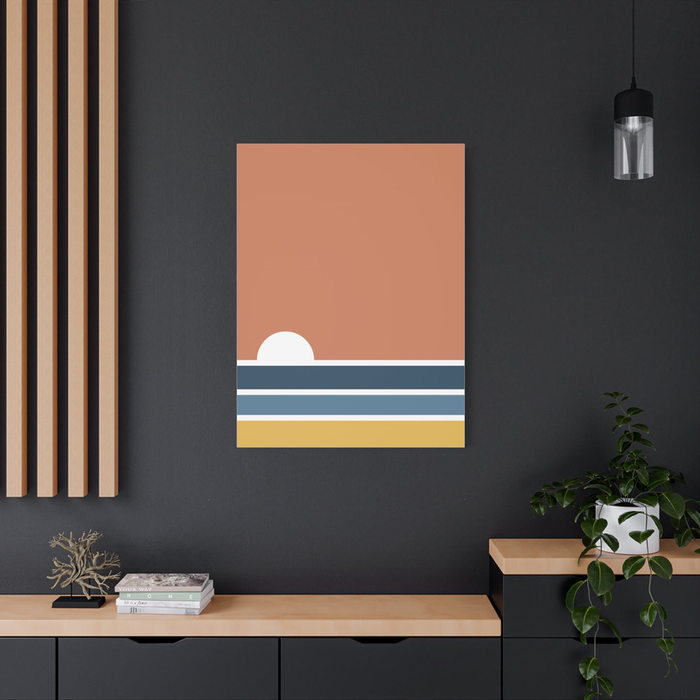 Modern interior with a abstract art piece on a dark wall