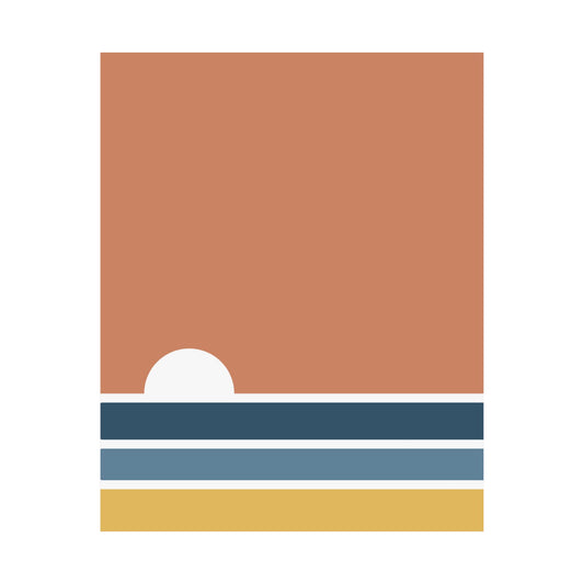 Simplified illustration of a sunset with a white sun on a brown background, followed by blue and yellow horizontal stripes.