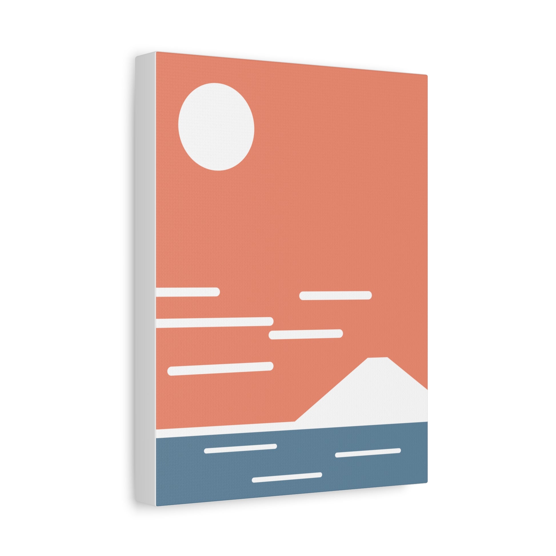 Simplified landscape design with a red sky, white moon, blue water, and white mountain on a white background.