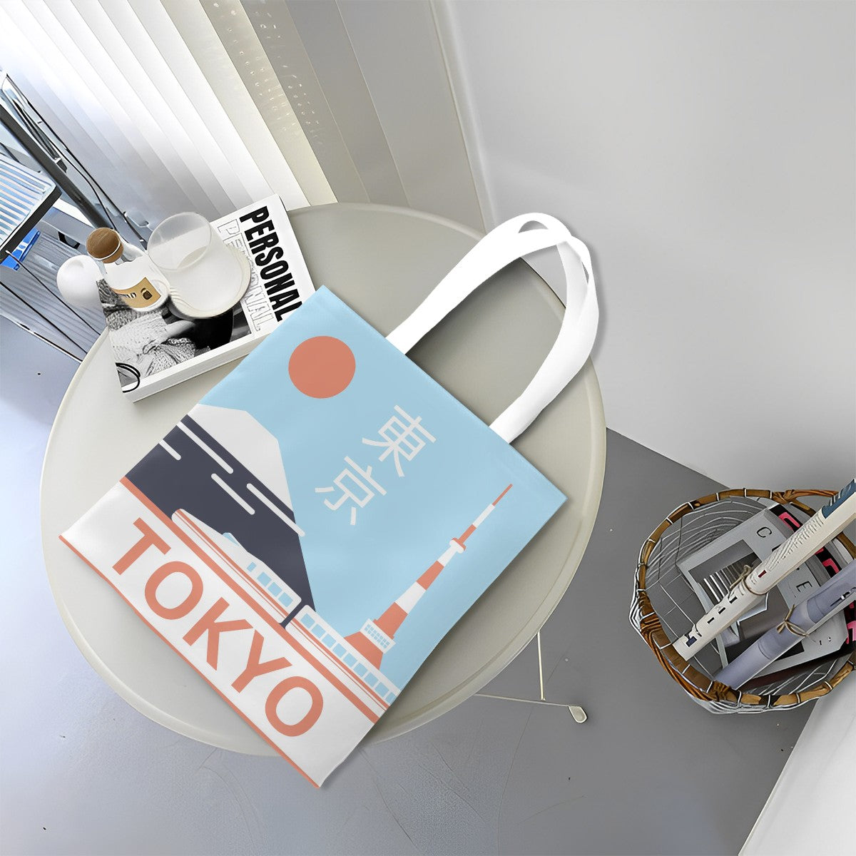 Tote bag with 'Tokyo' design on a round table