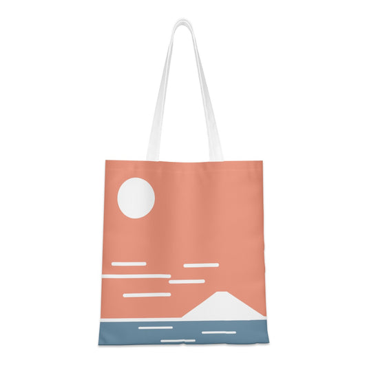 Tote bag with a minimalist design of a mountain and sun on a white background