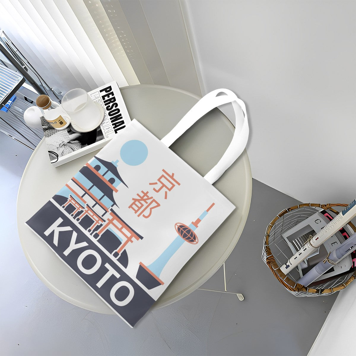Tote bag with 'Kyoto' design on a round table
