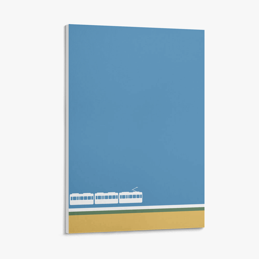 Simplified illustration of a tram on a blue background with a yellow bottom