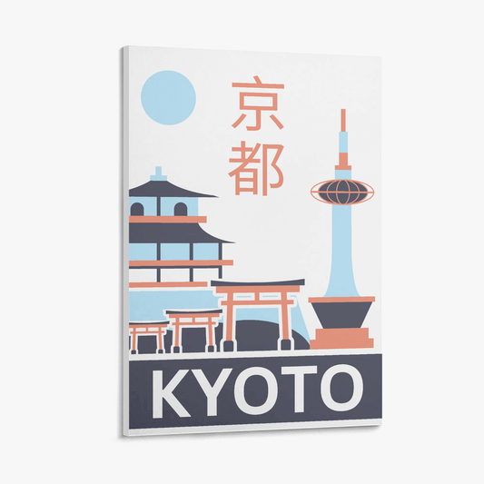 Poster of Kyoto with traditional architecture and modern tower on a white background