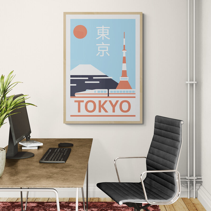 Decorative poster of Tokyo on a wall above a desk with a chair.