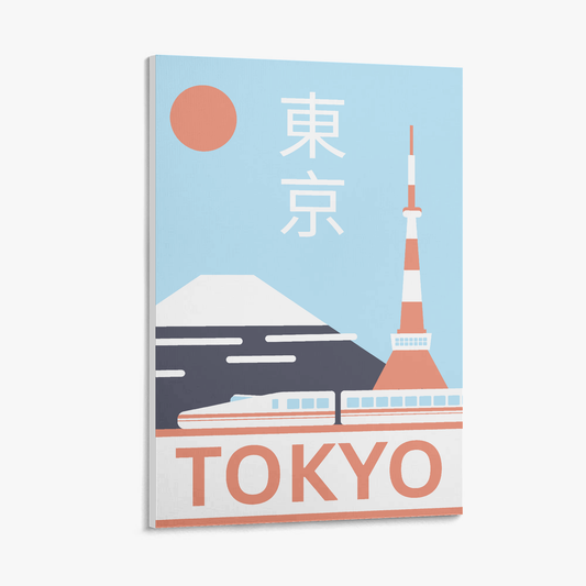 Poster of Tokyo with Mount Fuji and the Tokyo Tower on a blue background