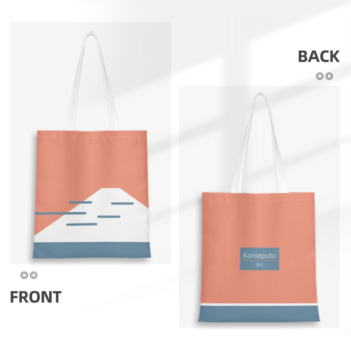Tote bag with mountain design on front and back, featuring 'Konseputo Art' branding.