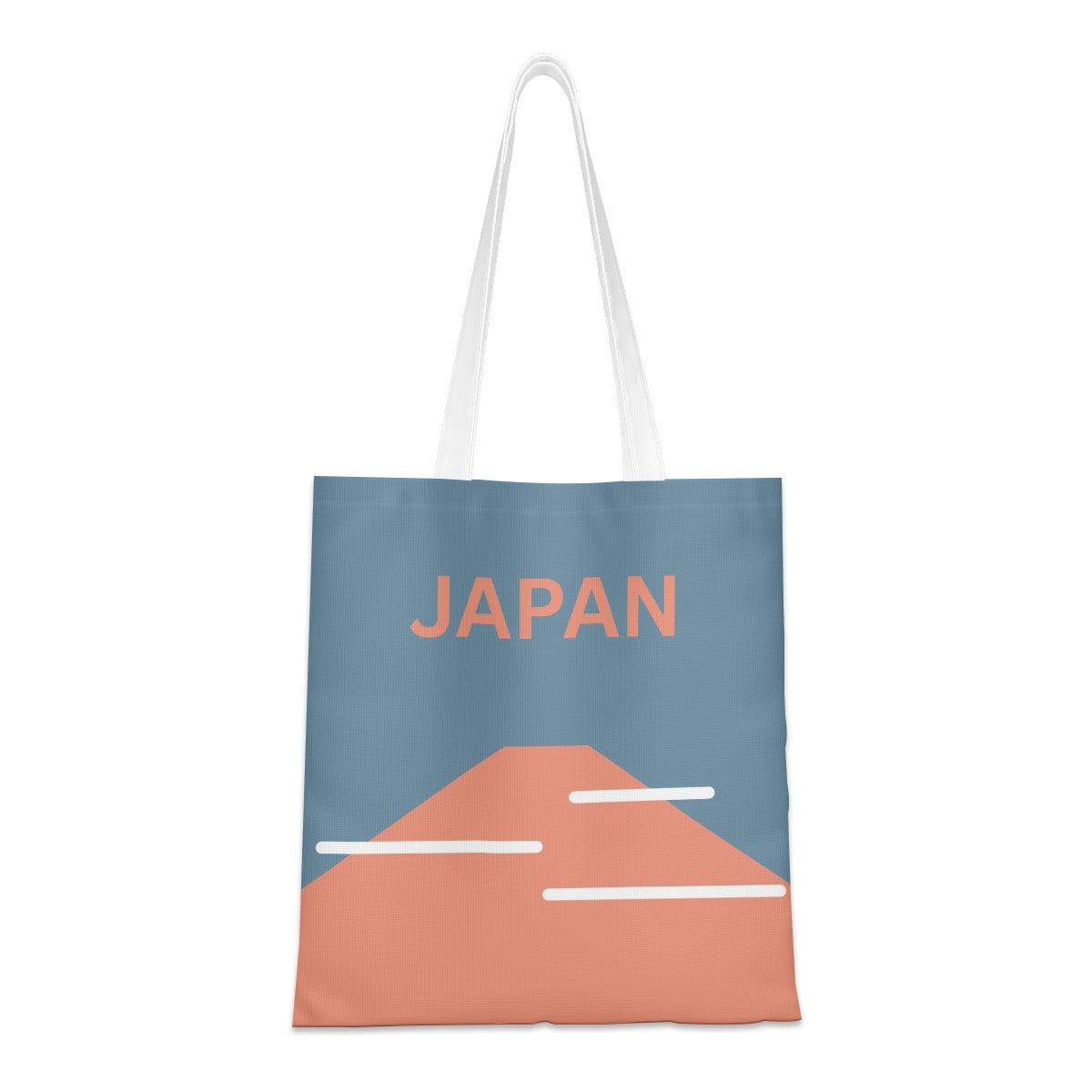 Tote bag with 'JAPAN' text and road design on a blue and orange background