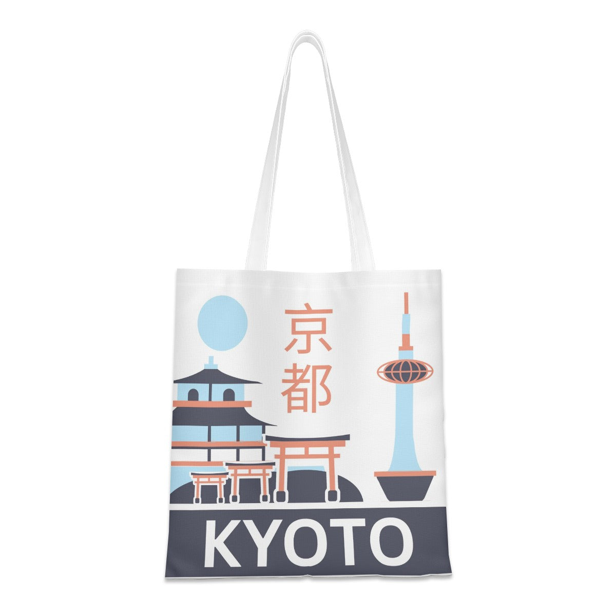 Tote bag with Kyoto landmarks and text on a white background