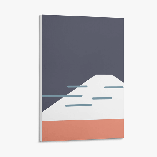 Simplified mountain design with a dark blue sky, white snow, and orange cliff on a white background