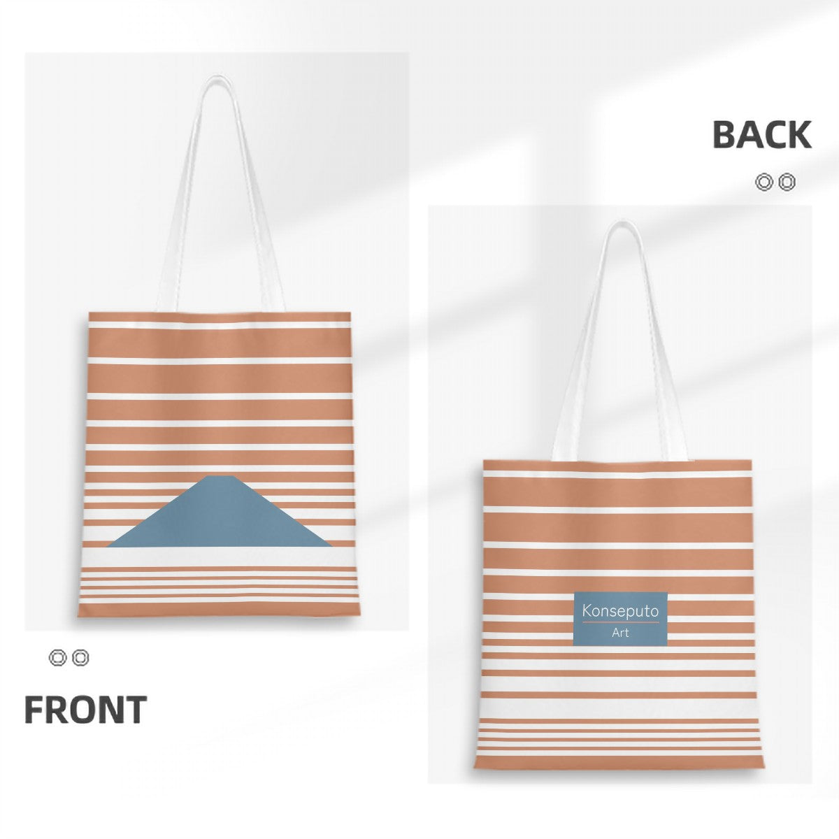 Tote bag with striped design on front and back, featuring a mountain and brand name.