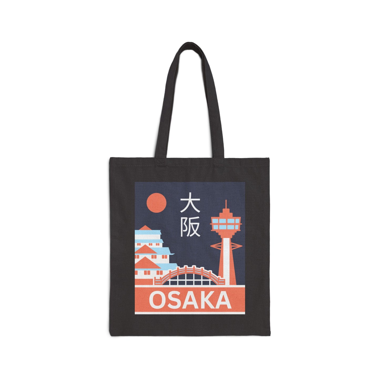 Black tote bag with Osaka design featuring a tower and buildings on a white background