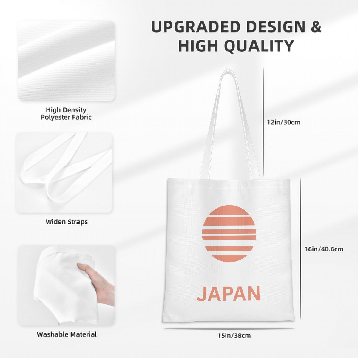 White tote bag with 'Japan' text and sunset design, featuring product details on a white background.