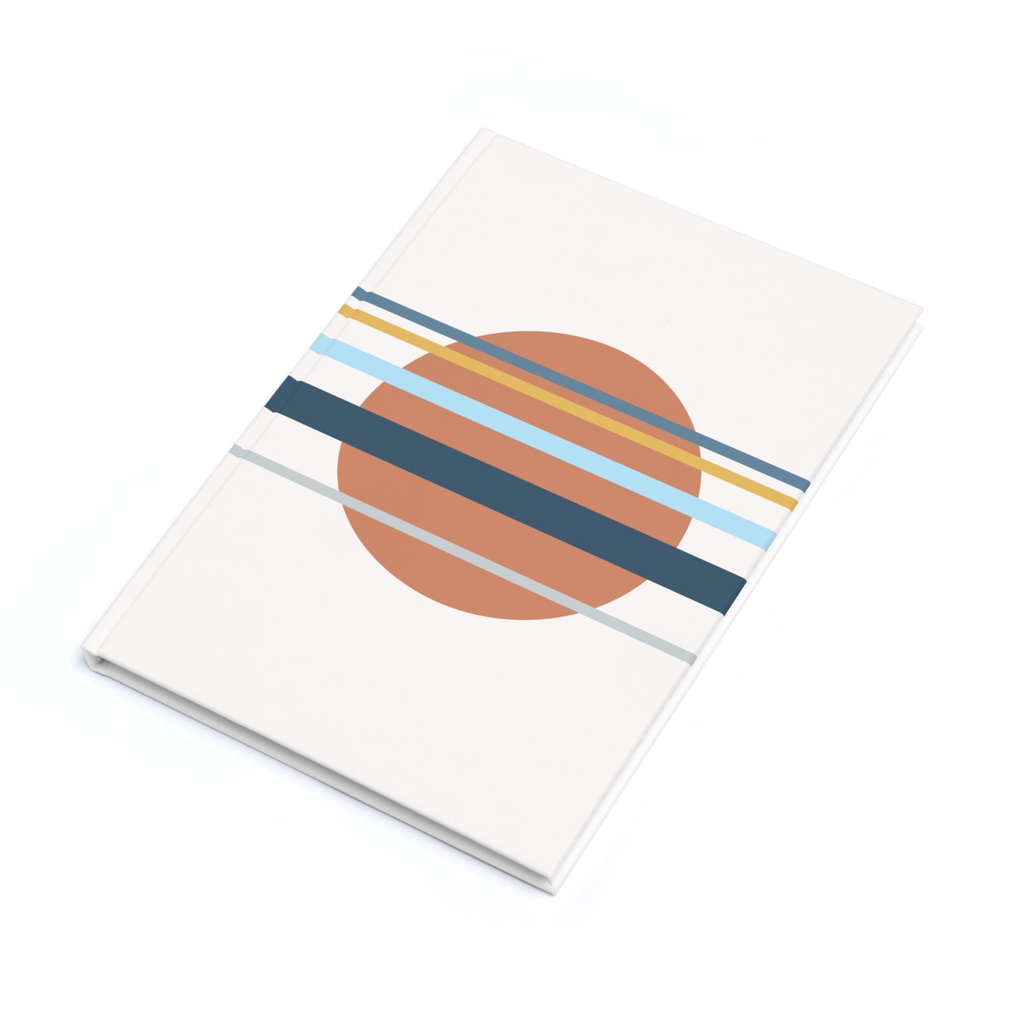 Notebook with a circular design featuring blue, yellow, and brown stripes on a white background