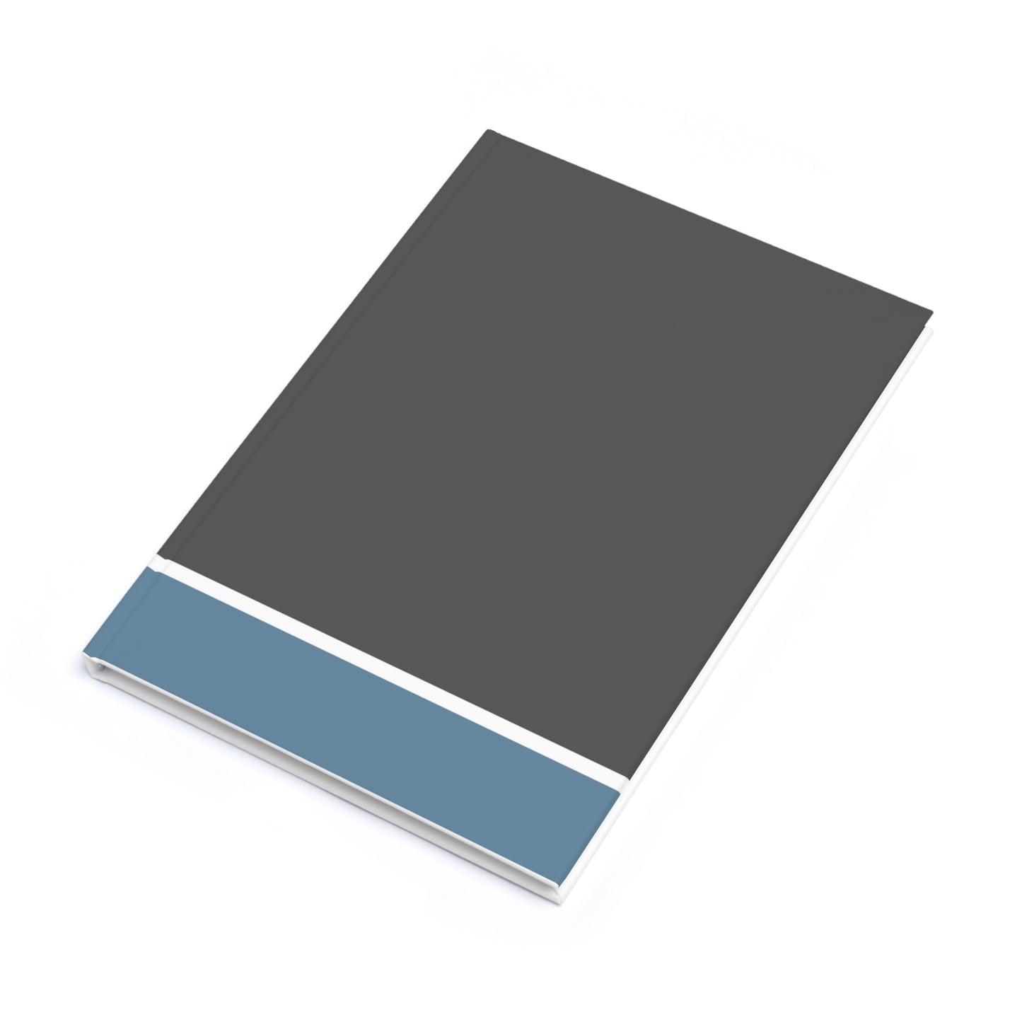 Notebook with a dark gray cover and blue bottom section on a white background