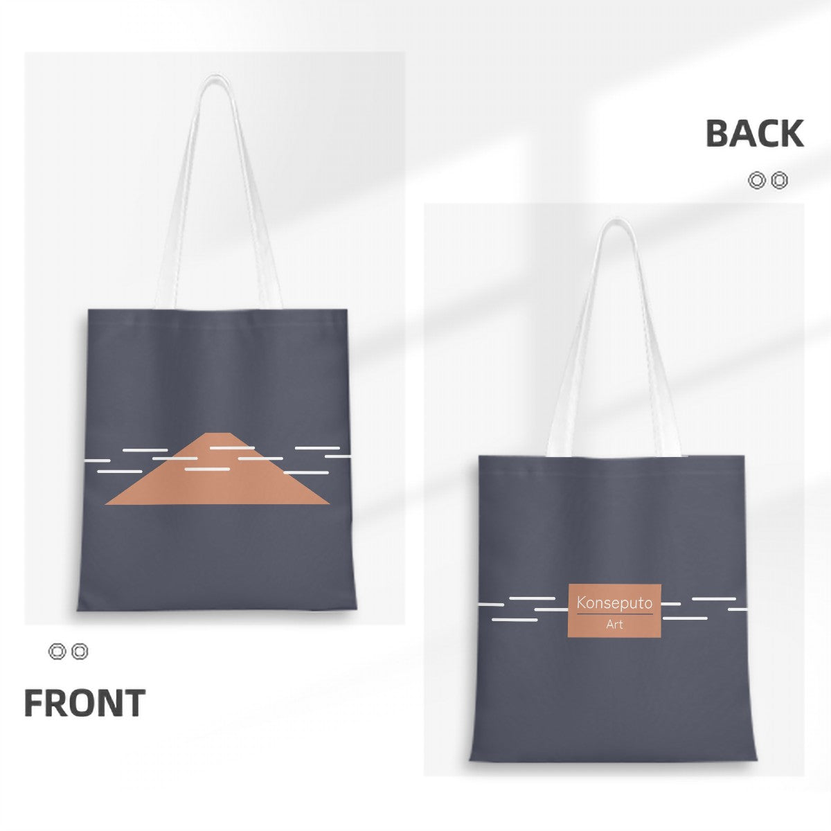 Tote bag with a mountain design on front and brand name on back, shown from front and back views.