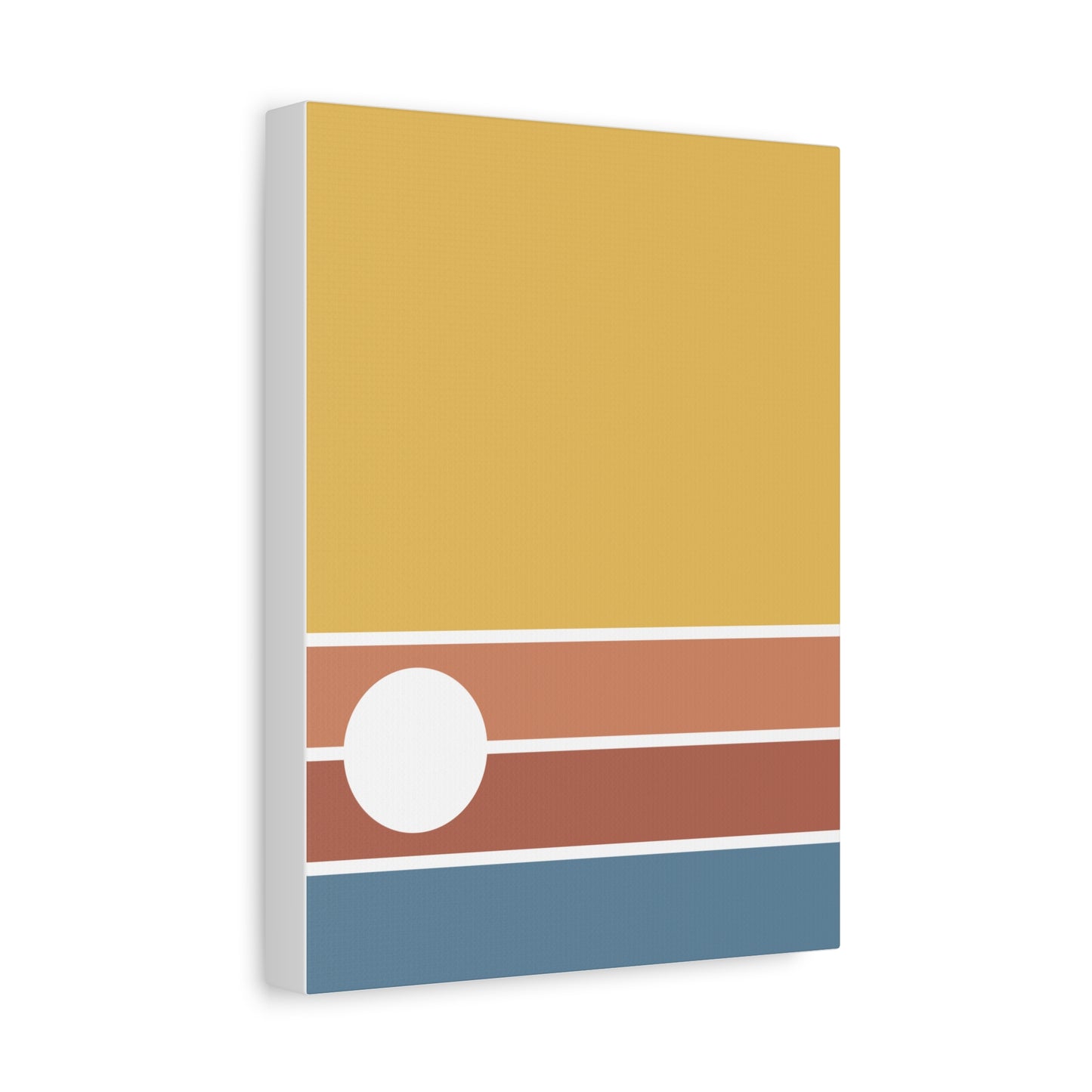 Canvas print with a minimalist design featuring horizontal stripes in yellow, red, and blue on a white background.