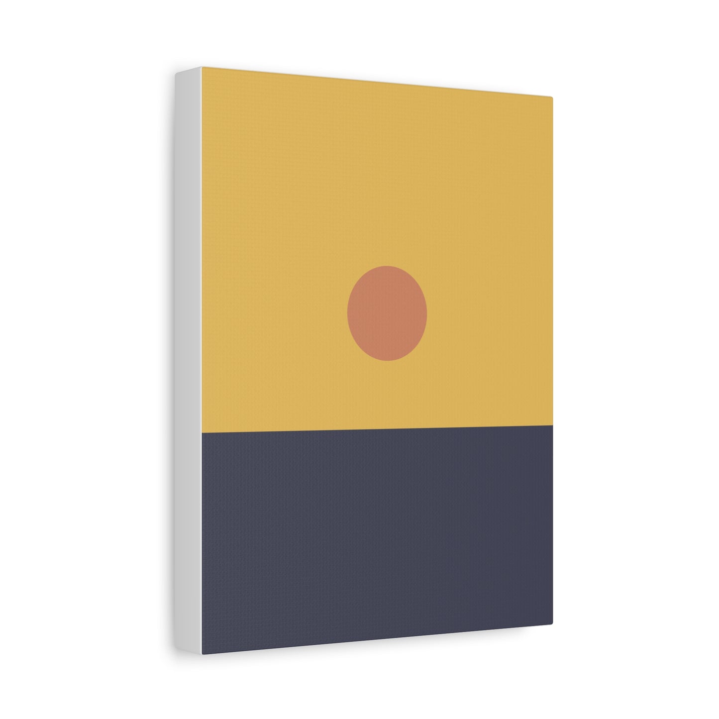 Canvas print with a minimalist design featuring a yellow upper half and a blue lower half, with a red circle in the center.