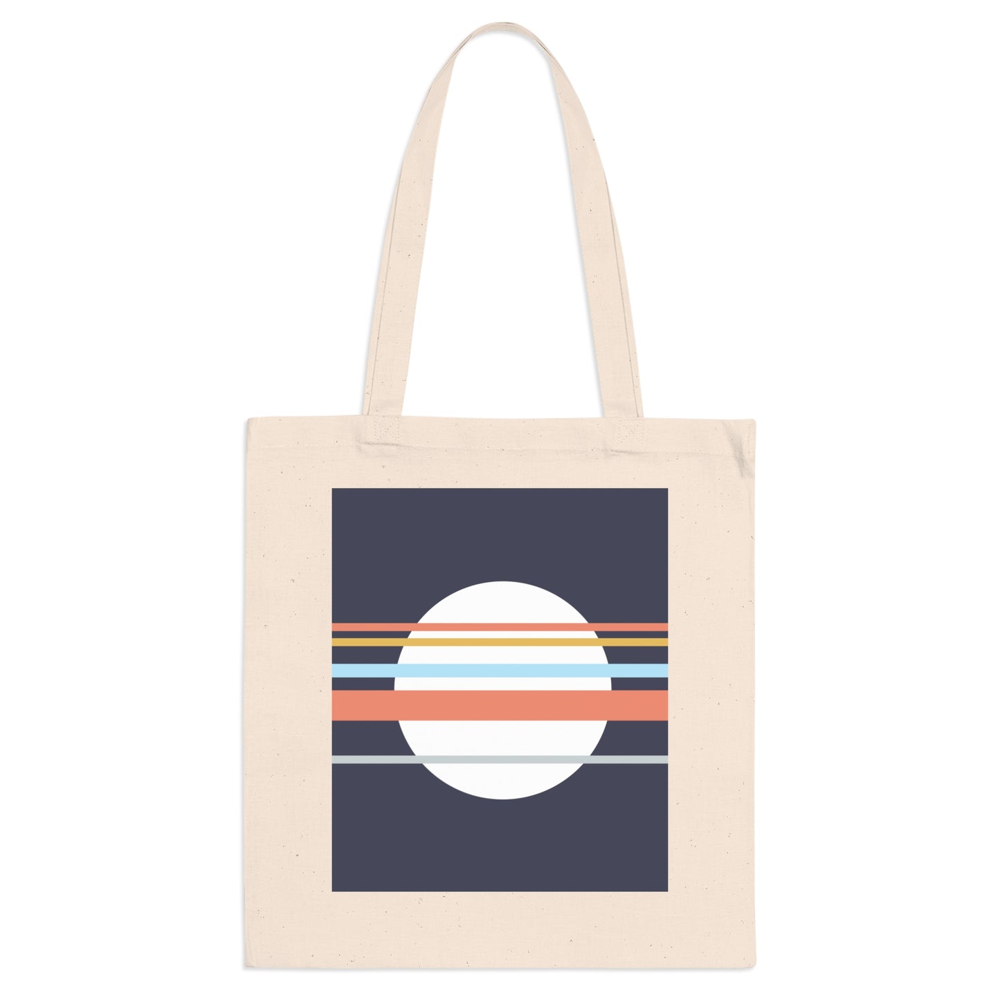 Beige tote bag with a geometric design featuring a white circle and orange stripes on a navy background.