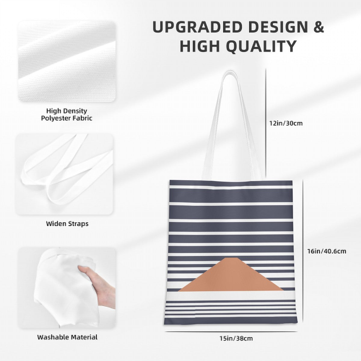 Tote bag with striped design and text highlighting features like high-density polyester fabric and washable material.
