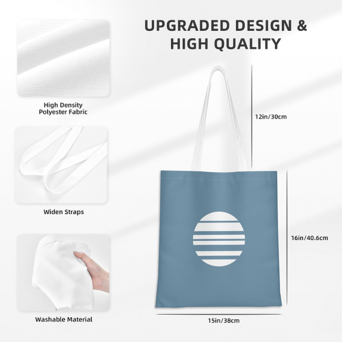 Blue tote bag with white circular design, fabric texture, and dimensions displayed.