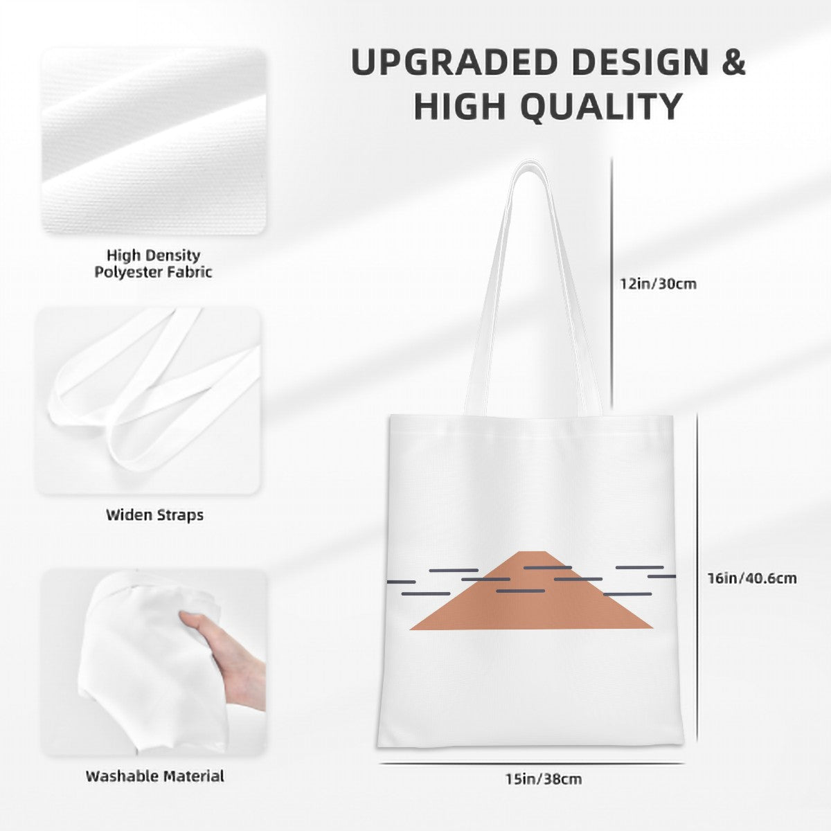 White tote bag with measurements and fabric details on a white background