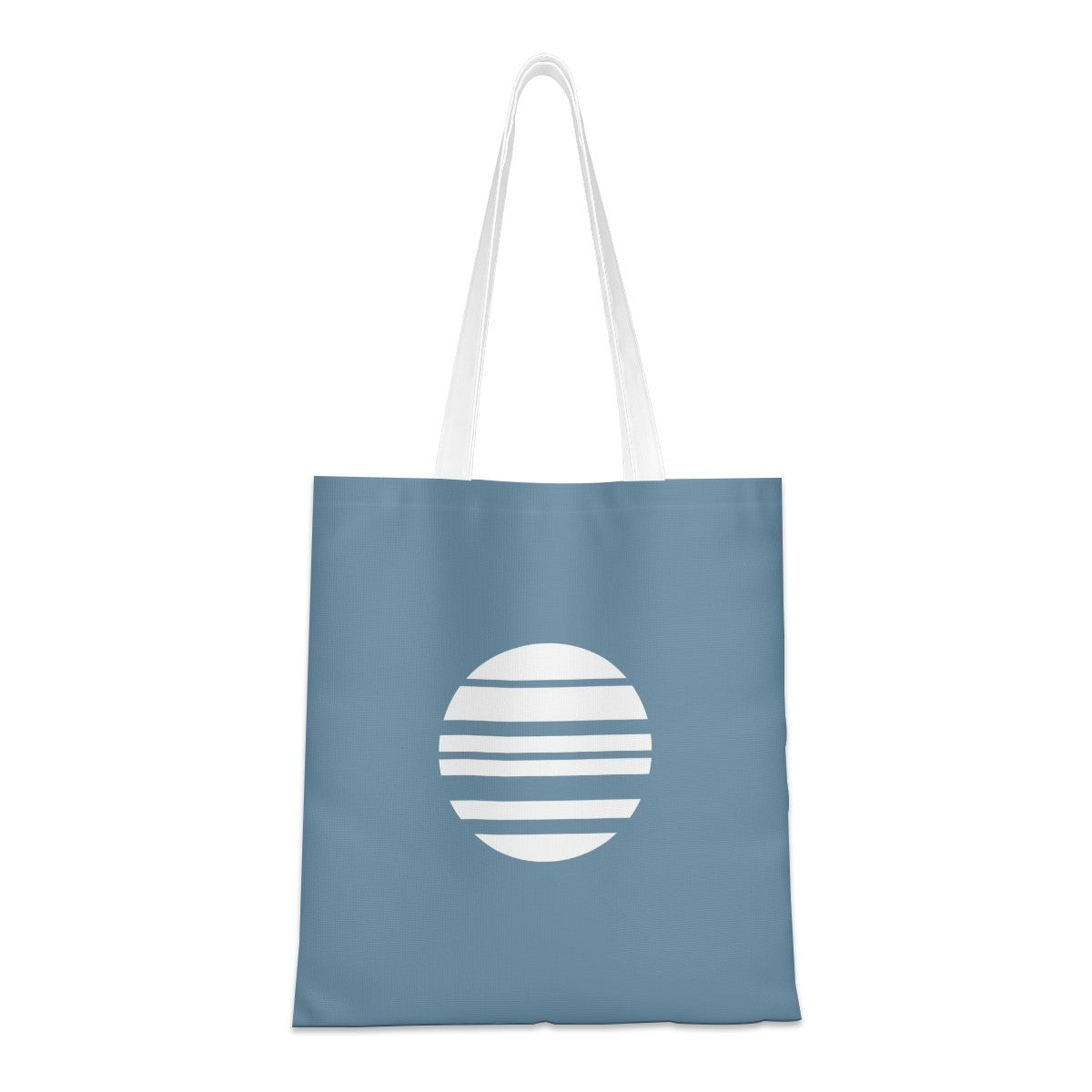 Blue tote bag with a white circular design on a white background