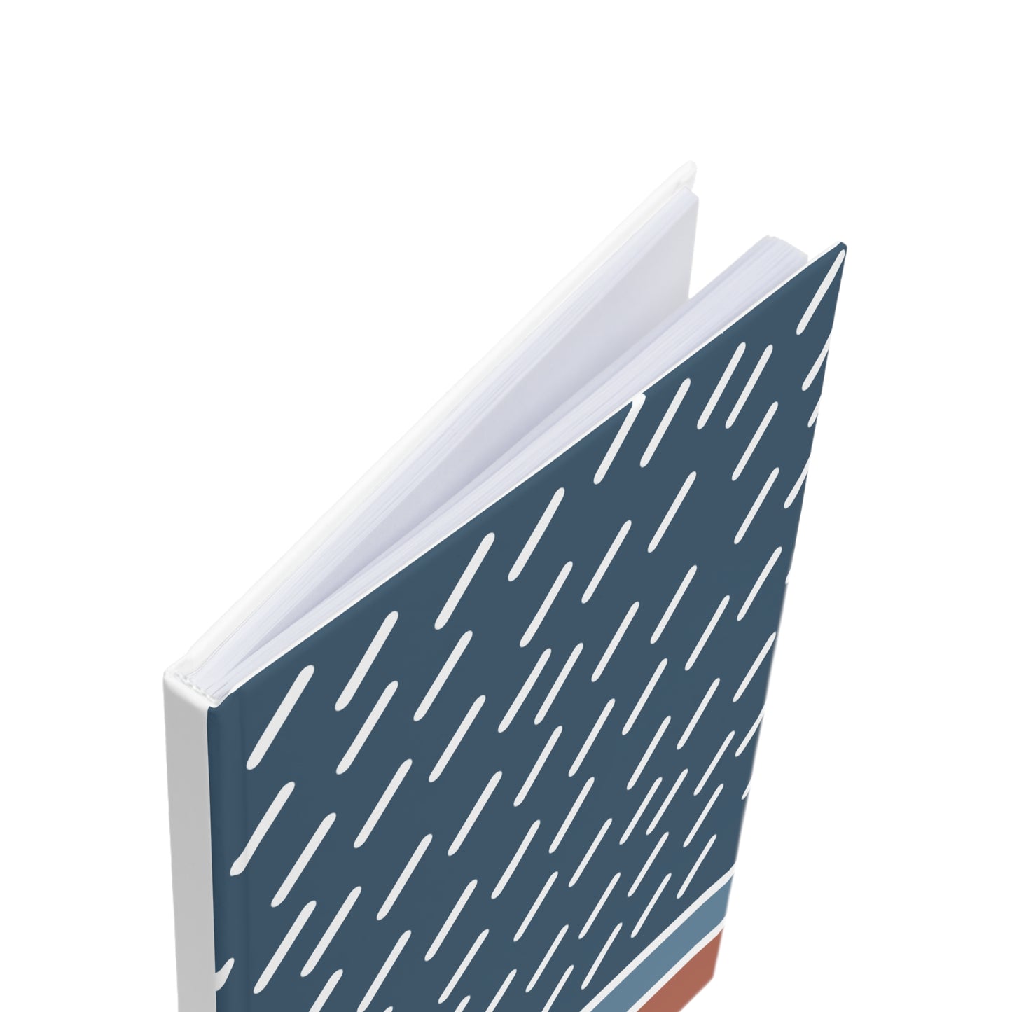 Notebook with a blue cover featuring a white line pattern on a white background